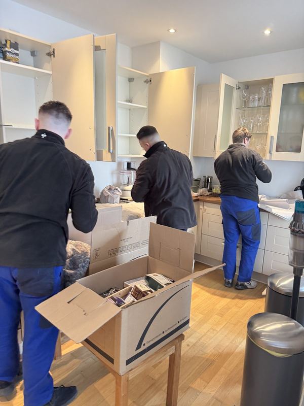 Drei Kollegen leeren die Oberschränke einer Küche und verpacken den Inhalt in Kartons