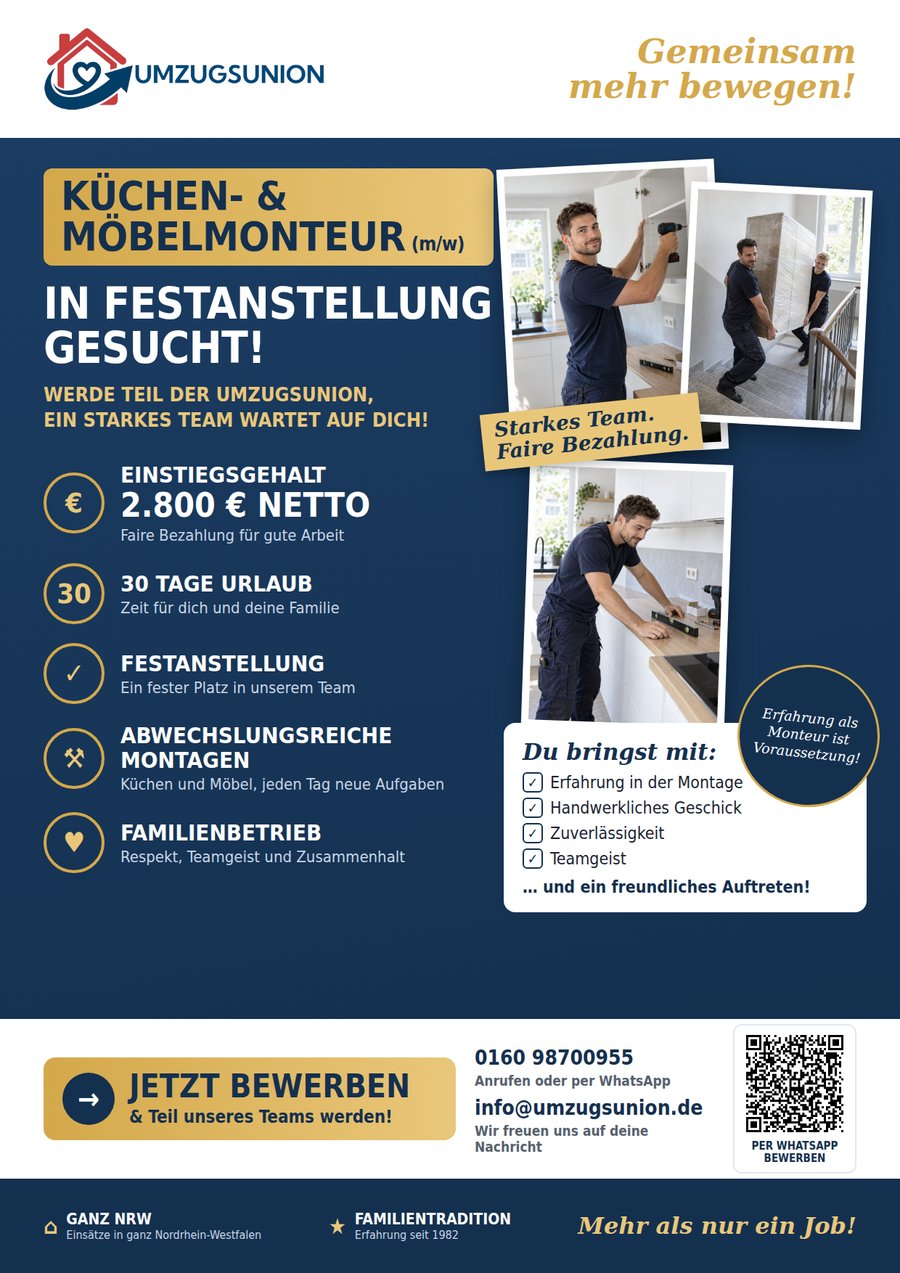 Stellenanzeige der Umzugsunion für Küchen- und Möbelmonteure mit Fotos von Montagen und Kontaktdaten zur Bewerbung