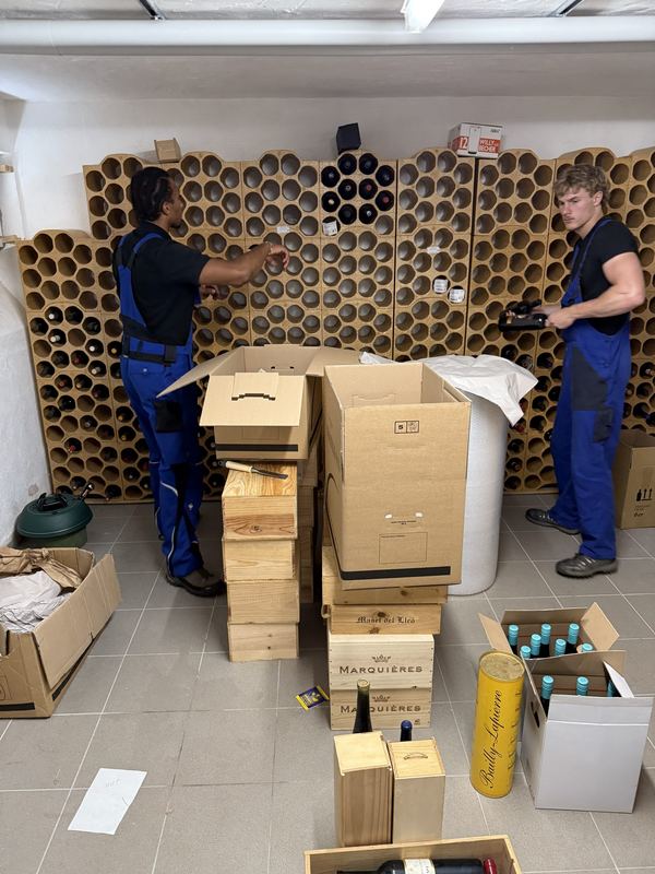 Weinkeller Flasche für Flasche verpacken Zwei Kollegen räumen ein Kellerregal aus Tonröhren leer und stellen die Weinflaschen in Holzkisten und Kartons