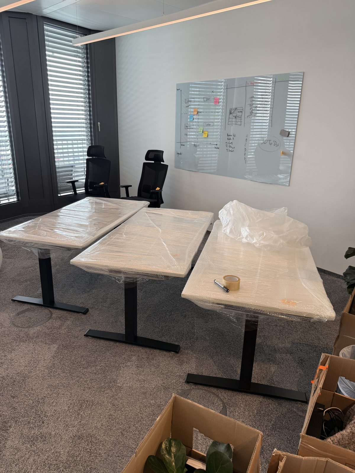 Drei höhenverstellbare Schreibtische stehen in Reihe im Büro, die Tischplatten sind zum Schutz mit Folie umhüllt.
